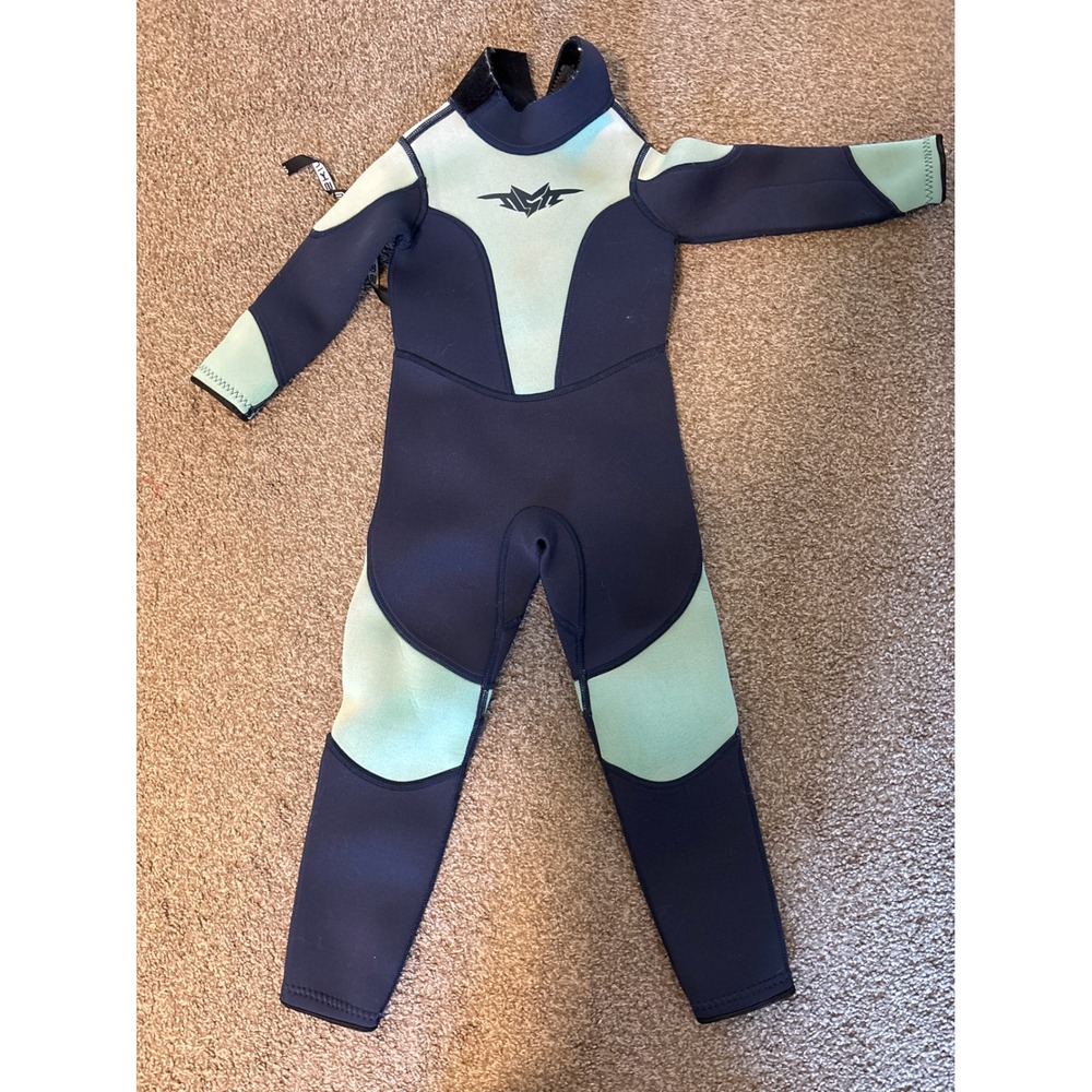 Seaskin Full Wetsuit Kids Size 2 Navy Mint Green Excellent Neoprene Back Zip